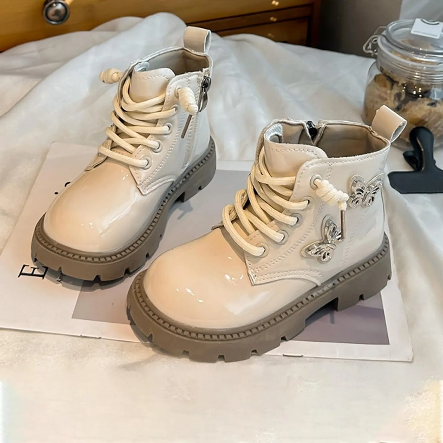 Little Girls Lace-Up Cute Sweet Leather Ankle Boots with Butterfly Wing Side Zipper Fashion Outdoor Dress Rain Boot Girl