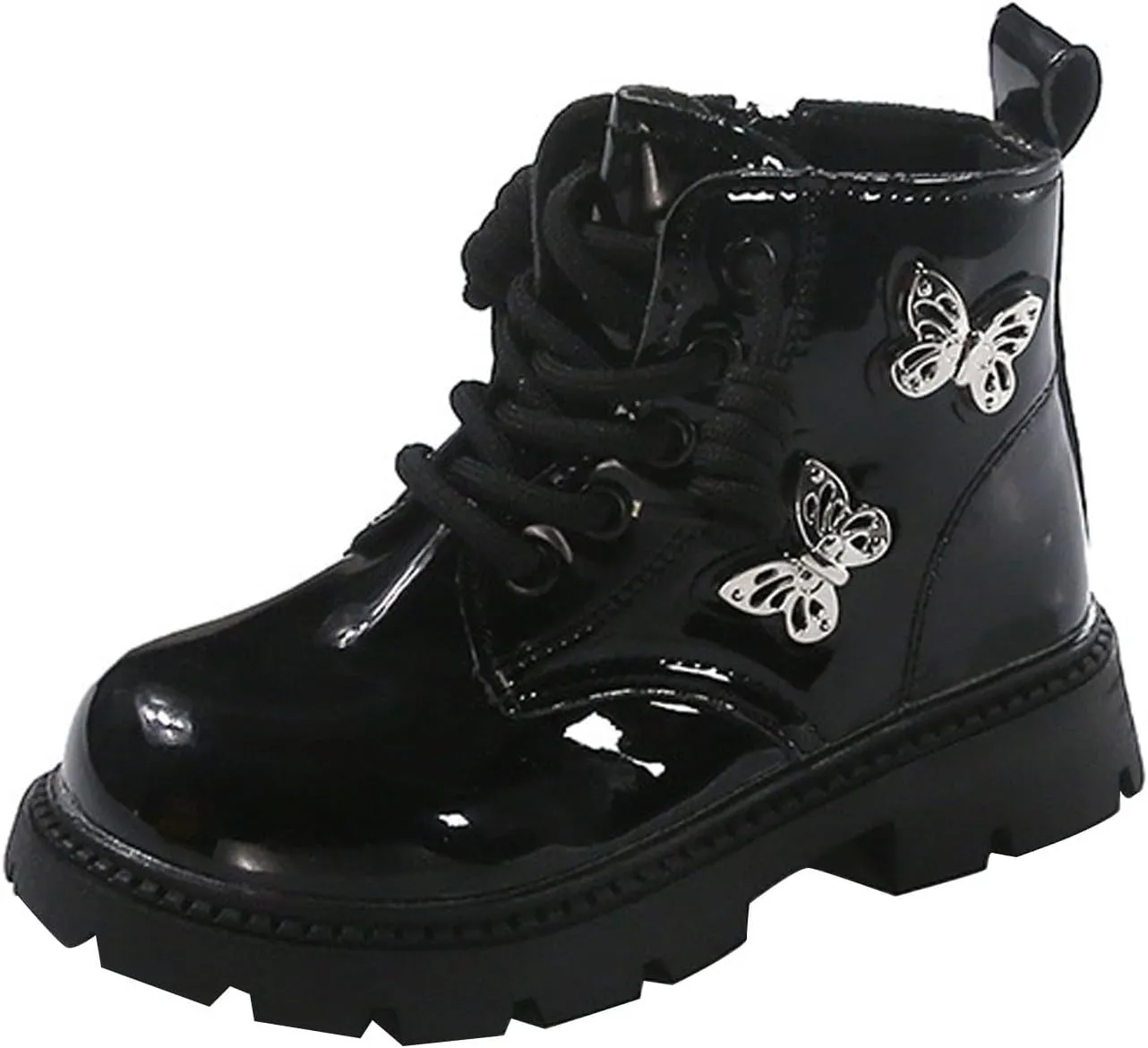Little Girls Lace-Up Cute Sweet Leather Ankle Boots with Butterfly Wing Side Zipper Fashion Outdoor Dress Rain Boot Girl