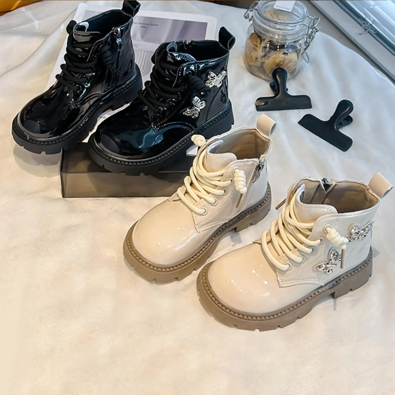 Little Girls Lace-Up Cute Sweet Leather Ankle Boots with Butterfly Wing Side Zipper Fashion Outdoor Dress Rain Boot Girl