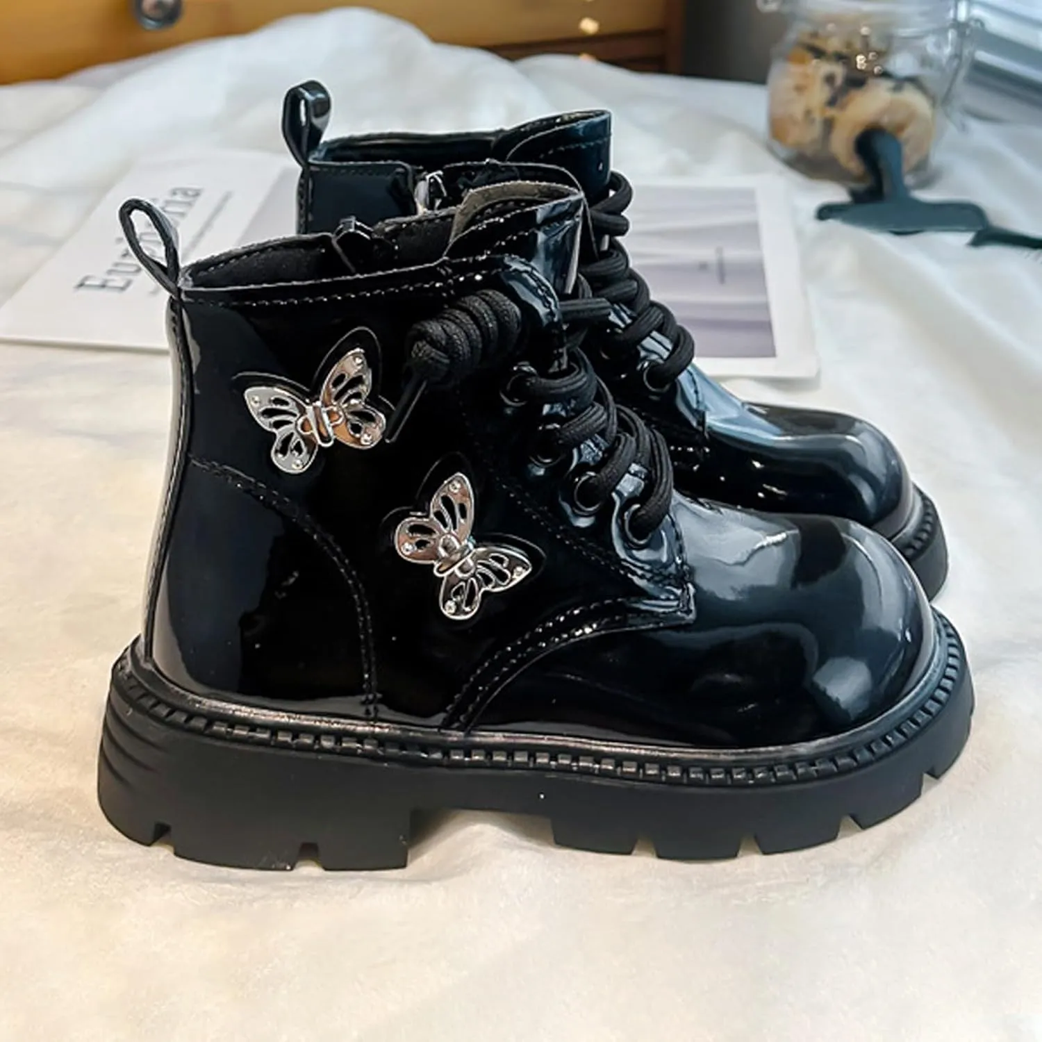 Little Girls Lace-Up Cute Sweet Leather Ankle Boots with Butterfly Wing Side Zipper Fashion Outdoor Dress Rain Boot Girl