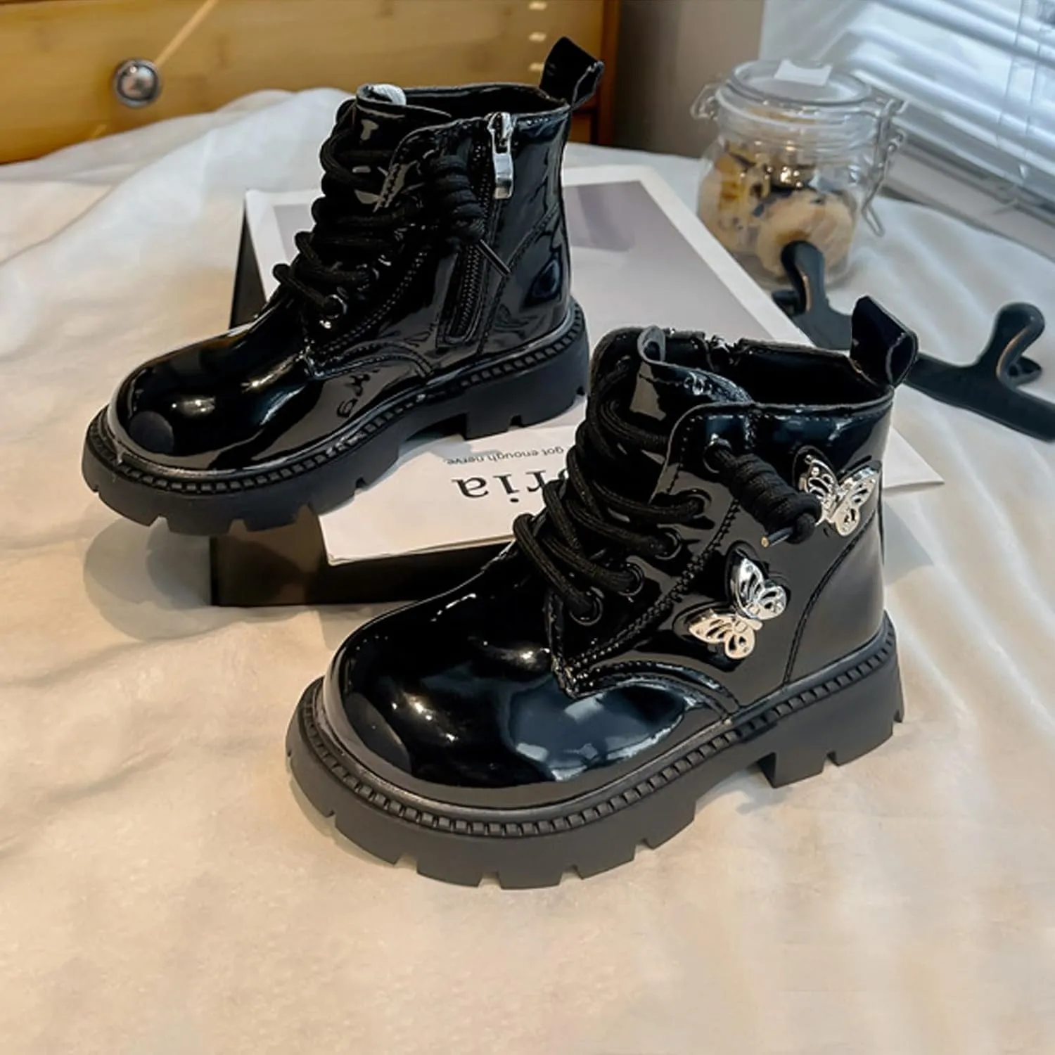 Little Girls Lace-Up Cute Sweet Leather Ankle Boots with Butterfly Wing Side Zipper Fashion Outdoor Dress Rain Boot Girl