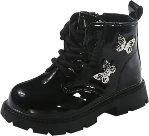 Little Girls Lace-Up Cute Sweet Leather Ankle Boots with Butterfly Wing Side Zipper Fashion Outdoor Dress Rain Boot Girl