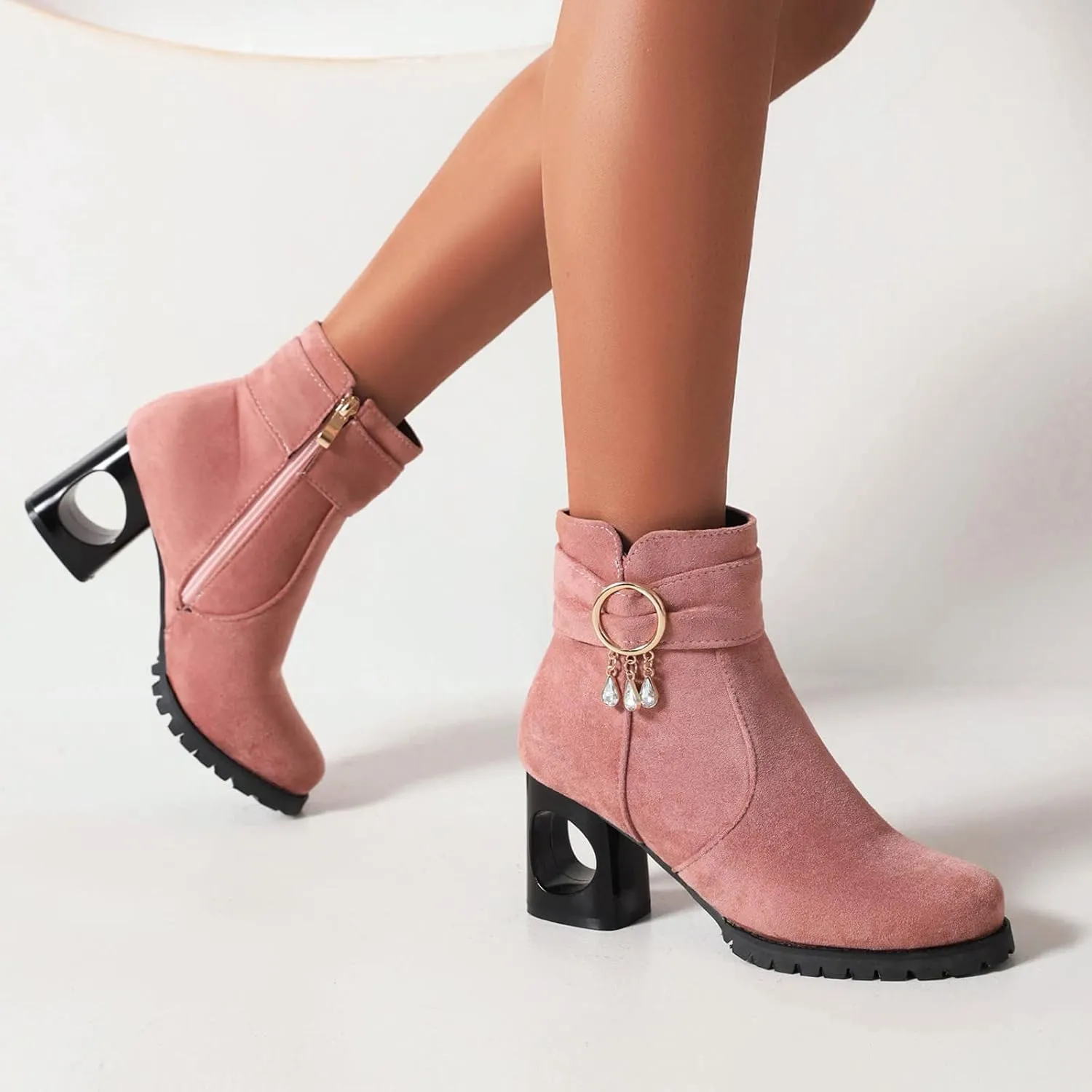 Snow Boots for Women Ankle Womens Booties with Heel Black Womens Cowboy Boots Black Ankle Boot Fashion Casual Comfy Soft Round Toe Suede Stacked Heel