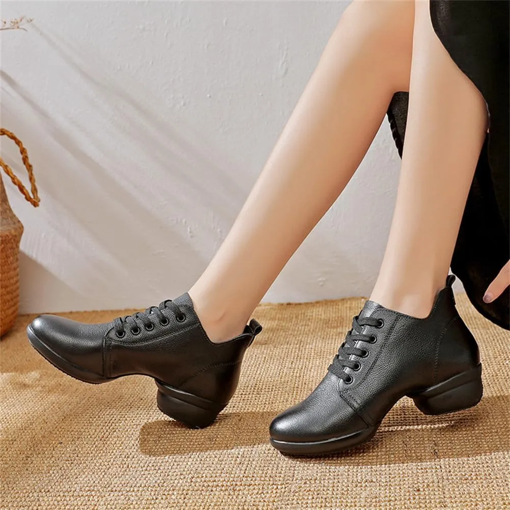VEACAM Women's Dance Exercise Sneakers Leather Jazz Shoes Lace-Up Breathable Split Sole Walking Dance Shoes