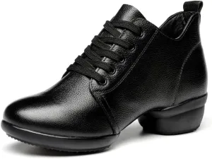 VEACAM Women's Dance Exercise Sneakers Leather Jazz Shoes Lace-Up Breathable Split Sole Walking Dance Shoes