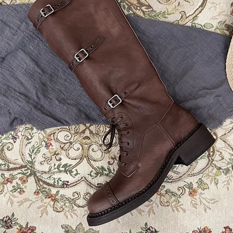 Vintage Cow Leather Triple-buckle Design Riding Boots for Women in Brown/Black