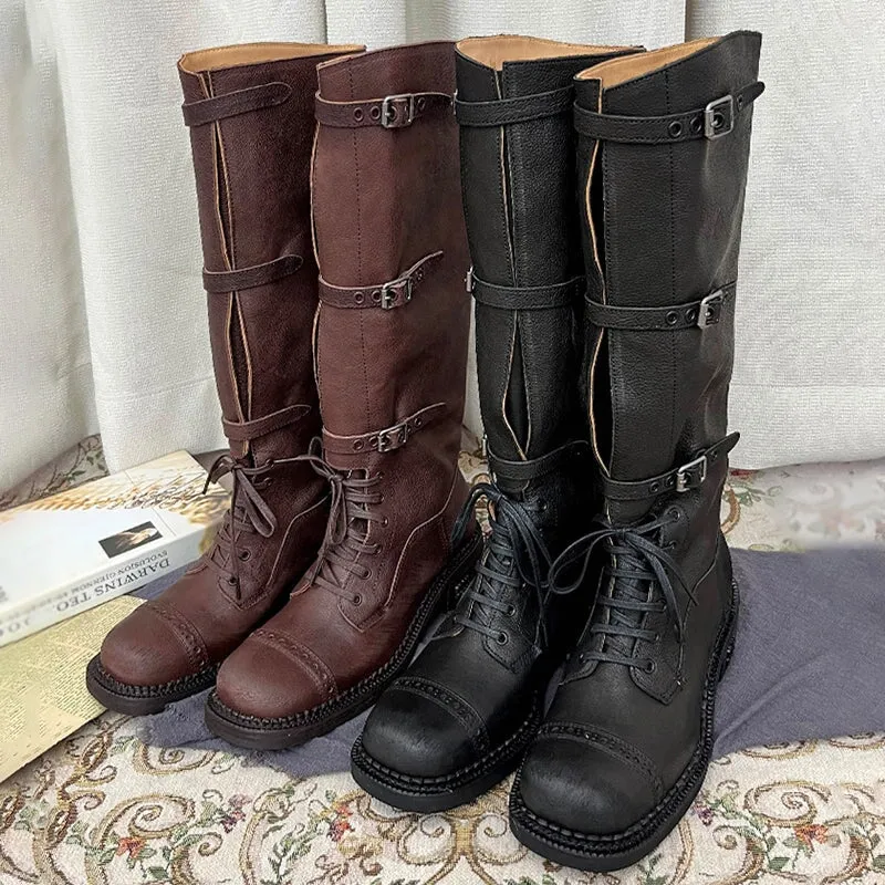 Vintage Cow Leather Triple-buckle Design Riding Boots for Women in Brown/Black