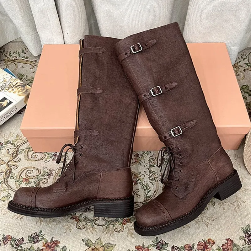 Vintage Cow Leather Triple-buckle Design Riding Boots for Women in Brown/Black