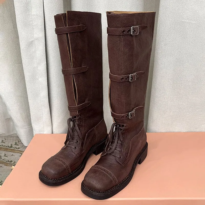 Vintage Cow Leather Triple-buckle Design Riding Boots for Women in Brown/Black