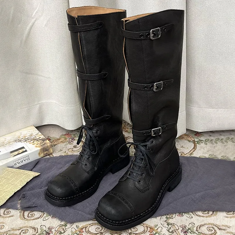 Vintage Cow Leather Triple-buckle Design Riding Boots for Women in Brown/Black