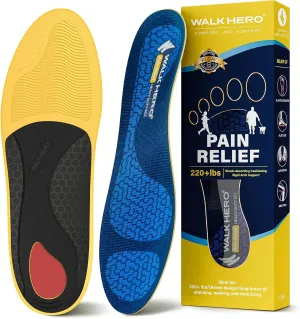 WalkHero Heavy Duty Plantar Fasciitis Arch Support Insoles, Flat Feet Shoe Inserts with Shock Absorption and Cushioning, 220 lbs Pain Relief Orthotics Inserts (Mens 13-13.5, Glacial Blue)