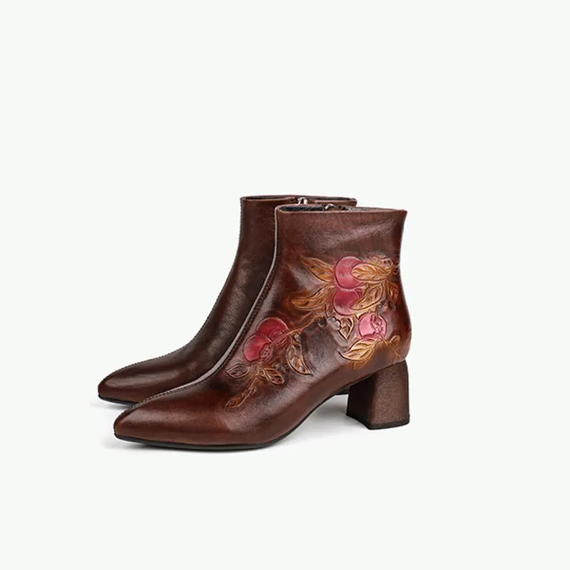 Women's Leather Printing Retro Short Boots Side Zipper In Coffee/Grey