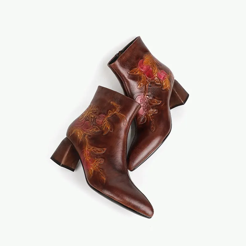 Women's Leather Printing Retro Short Boots Side Zipper In Coffee/Grey