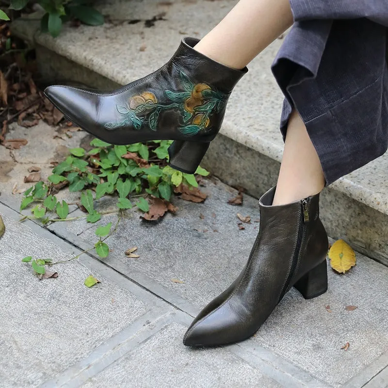 Women's Leather Printing Retro Short Boots Side Zipper In Coffee/Grey