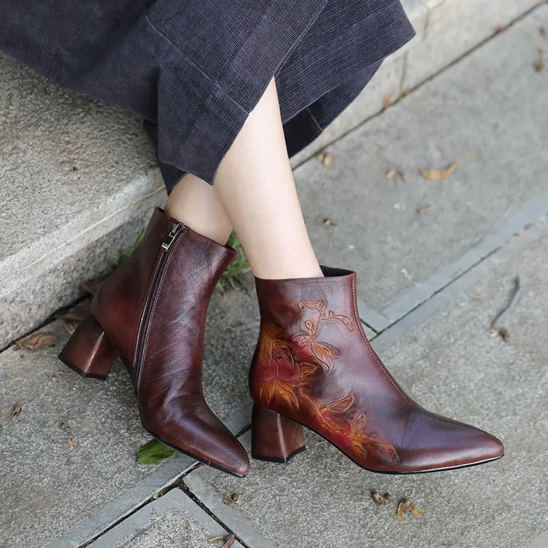 Women's Leather Printing Retro Short Boots Side Zipper In Coffee/Grey