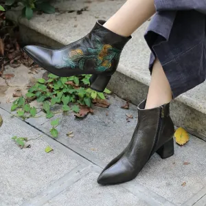 Women's Leather Printing Retro Short Boots Side Zipper In Coffee/Grey