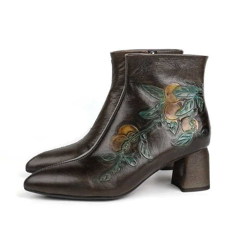 Women's Leather Printing Retro Short Boots Side Zipper In Coffee/Grey