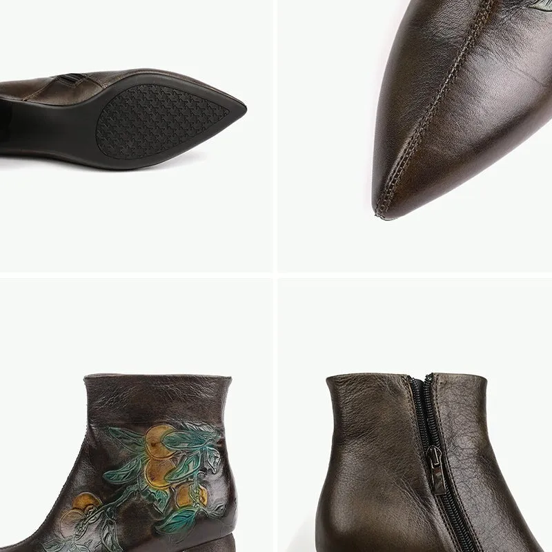 Women's Leather Printing Retro Short Boots Side Zipper In Coffee/Grey