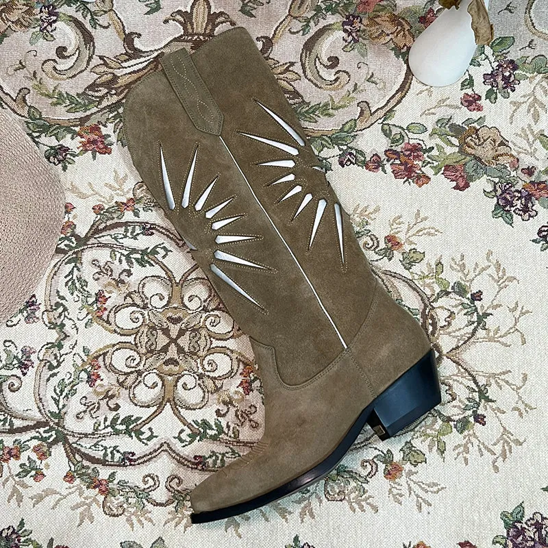 Womens Western Embroidered Boots - Suede Khaki/Black Cowgirl Boots All Genuine Leather
