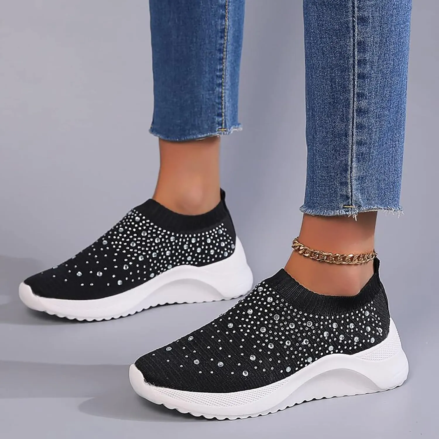 ZBYY Women's Slip On Walking Shoes Rhinestone Lightweight Non Slip Tennis Running Shoes Breathable Sneakers for Workout Gym