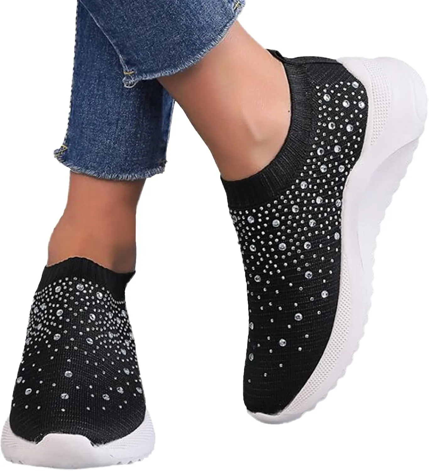 ZBYY Women's Slip On Walking Shoes Rhinestone Lightweight Non Slip Tennis Running Shoes Breathable Sneakers for Workout Gym