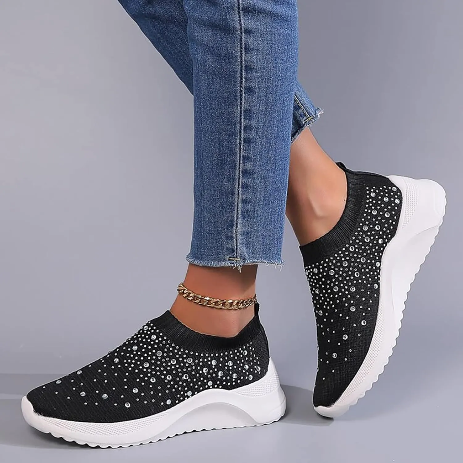 ZBYY Women's Slip On Walking Shoes Rhinestone Lightweight Non Slip Tennis Running Shoes Breathable Sneakers for Workout Gym